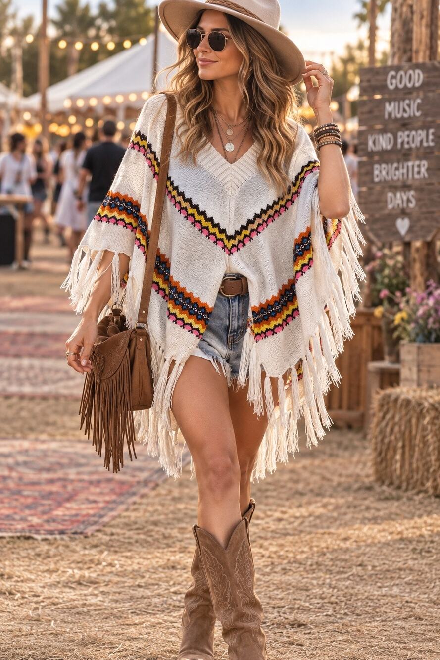 White Chevron Fringe Poncho Boho Festival Southwestern One Size Colorful Sweater